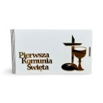 PUDEŁKO Z ŻYCZENIAMI "PIERWSZA KOMUNIA ŚWIĘTA - KRZYŻ/KIELICH"