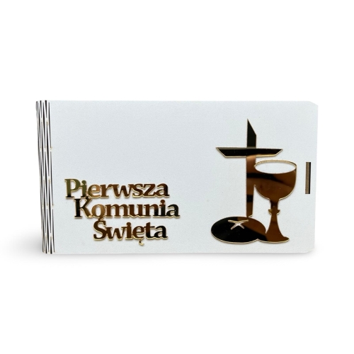 pudełko okolicznościowe z życzeniami na Pierwszą Komunię Świętą, elegancka kartka komunijna w pudełku