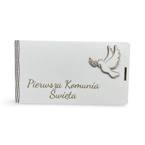 pudełko okolicznościowe z życzeniami na Pierwszą Komunię Świętą, elegancka kartka komunijna w pudełku