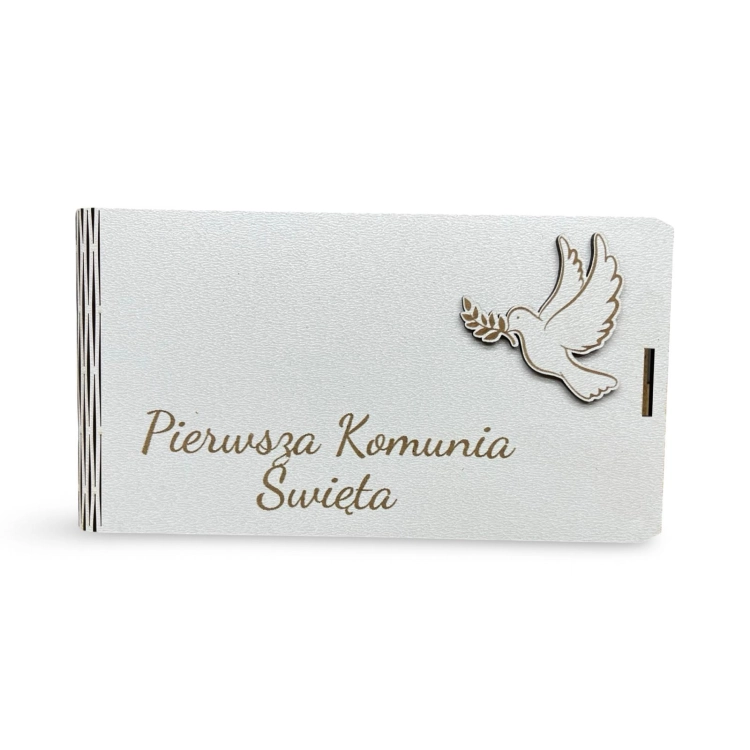 pudełko okolicznościowe z życzeniami na Pierwszą Komunię Świętą, elegancka kartka komunijna w pudełku