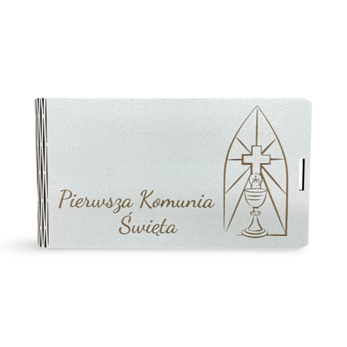 pudełko okolicznościowe z życzeniami na Pierwszą Komunię Świętą, elegancka kartka komunijna w pudełku