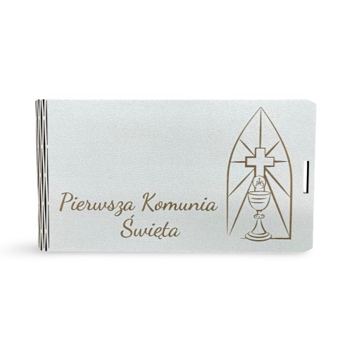 pudełko okolicznościowe z życzeniami na Pierwszą Komunię Świętą, elegancka kartka komunijna w pudełku