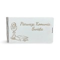 pudełko okolicznościowe z życzeniami na Pierwszą Komunię Świętą, elegancka kartka komunijna w pudełku