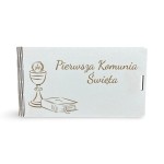 PUDEŁKO Z ŻYCZENIAMI "PIERWSZA KOMUNIA ŚWIĘTA -  KIELICH Z KSIĘGĄ