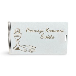 PUDEŁKO Z ŻYCZENIAMI "PIERWSZA KOMUNIA ŚWIĘTA -  KIELICH Z KSIĘGĄ