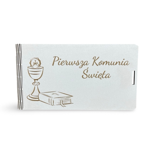 pudełko okolicznościowe z życzeniami na Pierwszą Komunię Świętą, elegancka kartka komunijna w pudełku