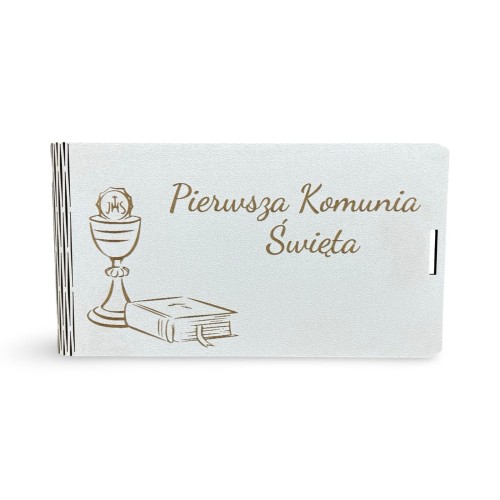 pudełko okolicznościowe z życzeniami na Pierwszą Komunię Świętą, elegancka kartka komunijna w pudełku