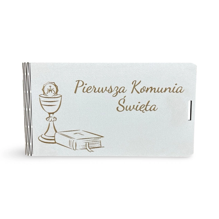 pudełko okolicznościowe z życzeniami na Pierwszą Komunię Świętą, elegancka kartka komunijna w pudełku